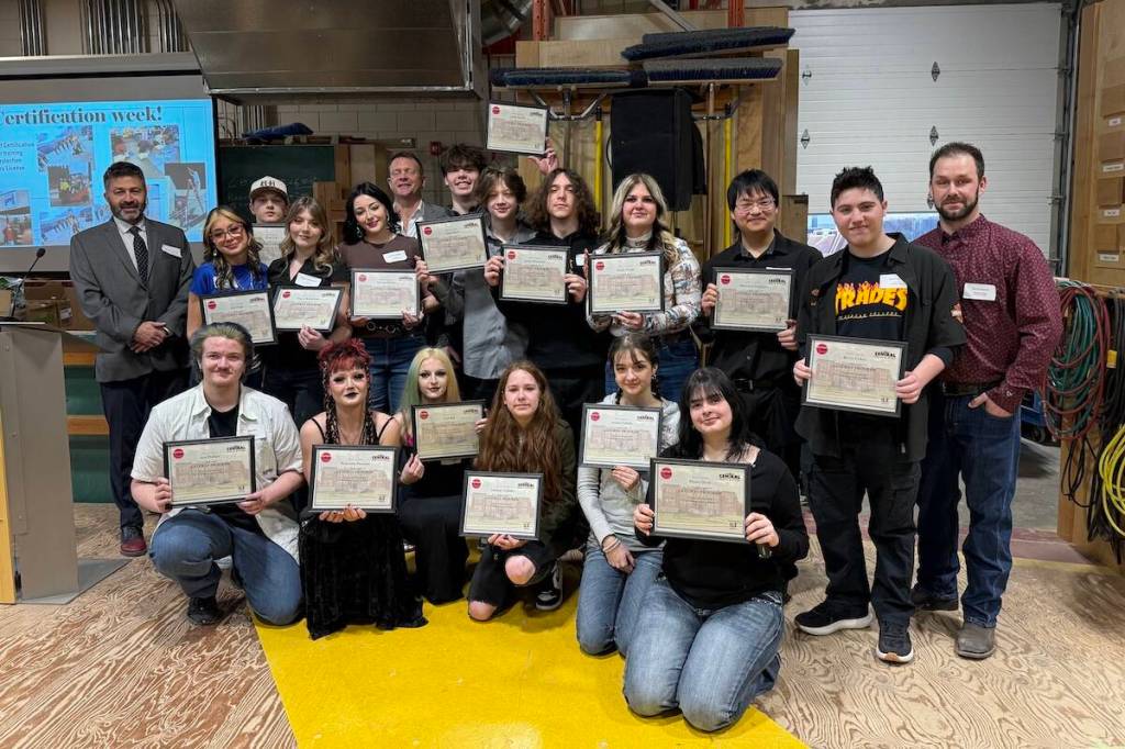Sixteen students from the Gateway Program on Friday, Jan. 23. The program is a collaborative effort between Okanagan College and Central Okanagan Public Schools. (Jordy Cunningham/Black Press Media)