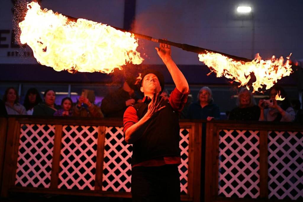 Ignite the Arts&rsquo; &ldquo;Parade For No Reason&rdquo; featured fire spinners on March 28, 2025, in downtown Penticton. (Brennan Phillips/Western News)