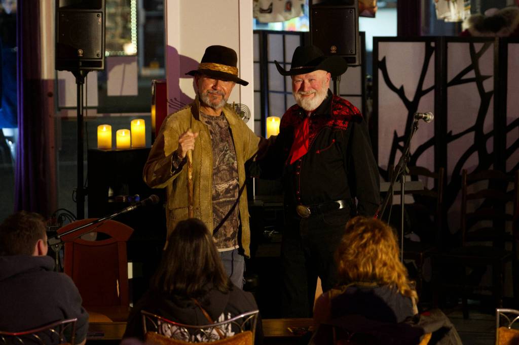 Andre Sutherland Begin, The Man from El Dorado, and the Cowboy Poet Rolly Grimm, delivered recitations and plenty of laughs at the Legacy Den's 40th open mic night on March 6. (Brennan Phillips / Western News)
