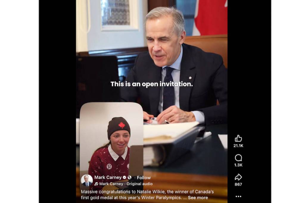 Salmon Arm&rsquo;s Natalie Wilkie receives congratulations from Prime Minister Mark Carney for her gold, silver and bronze podium finishes at the Milano Cortina 2026 Paralympic Winter Games. (Mark Carney/Facebook image)